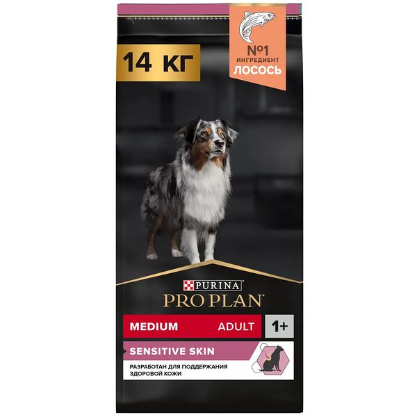 Сухой корм Pro Plan® для взрослых собак средних пород с чувствительной кожей, с высоким содержанием лосося, Пакет, 14 кг
