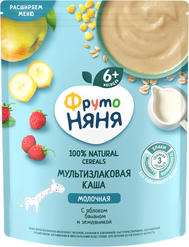 

Каша молочная ФрутоНяня мультизлаковая Яблоко-земляника-банан с 6 месяцев 200 г