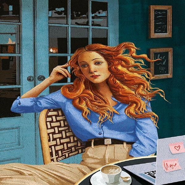 Постер АРТ ДИЗАЙН, Девушка рыж.с кофе и ноутбуком, размер: 30х40см