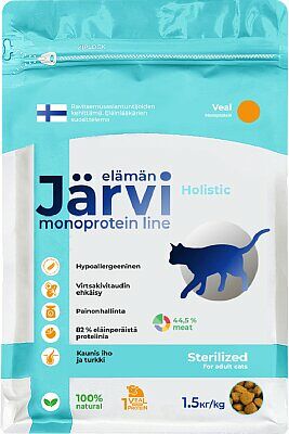 Сухой монопротеиновый полнорационный корм Jarvi для стерилизованных кошек и кастрированных котов Телятина, 1,5 кг. упаковка 2 шт