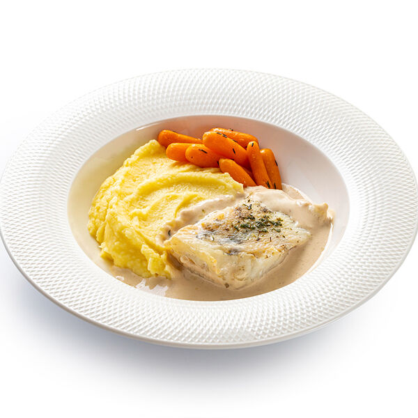 Судак со сливочным соусом Термидор с белыми грибами