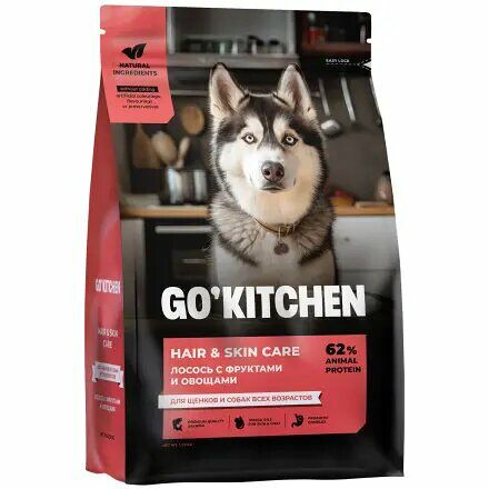 Сухой корм для щенков и собак всех возрастов со свежим лососем и овсянкой,Go'Kitchen HAIR+SKIN CARE Salmon 1590г