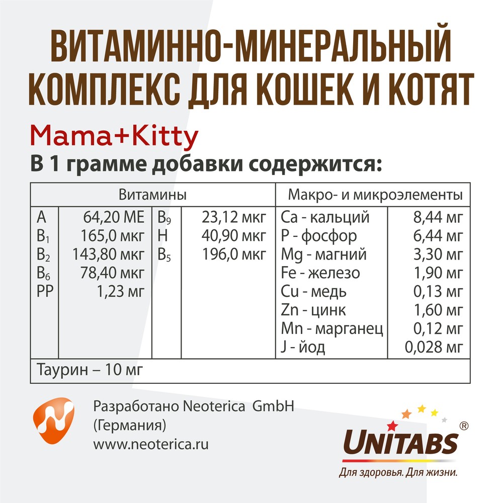 

Витамины Unitabs Мама+Котенок (Mama+Kitty) c B9 для кошек и котят 120 таблеток
