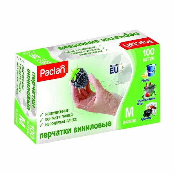 Перчатки виниловые размер, 100 шт M ТМ Paclan (Паклан)