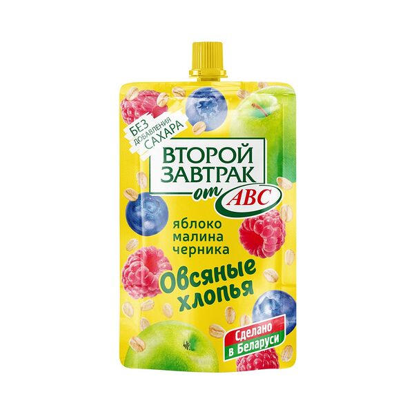 Десерт фруктовый АВС из яблок малины и черники с овсяными хлопьями дой пак 200г ТМ Второй Завтрак