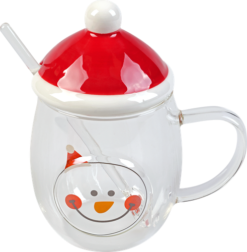 

Кружка Homeclub Новогодние персонажи с палочкой для размешивания и крышкой, стекло, 380 мл, Арт. KTBSC0194-P-CL