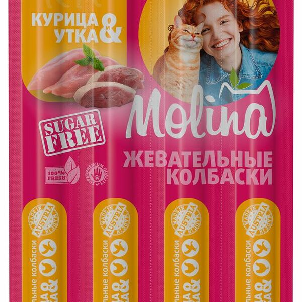 Лакомства для кошек Molina жевательные колбаски курица и утка 20 г