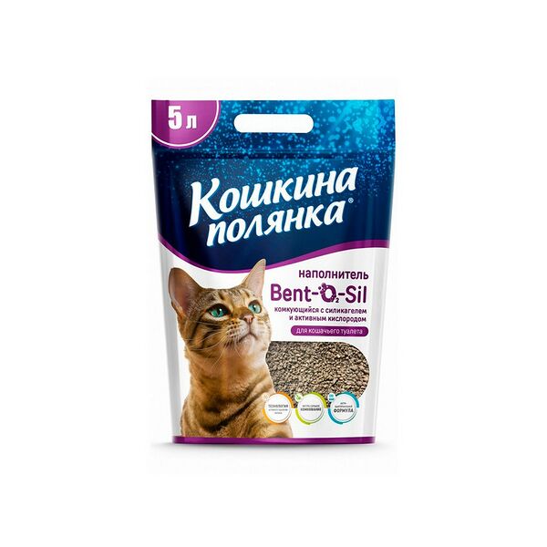 Наполнитель д/кош туалета Кошкина Полянка BENT-O2-SIL с силикагелем и активн.кислородом,комкующ.,5л