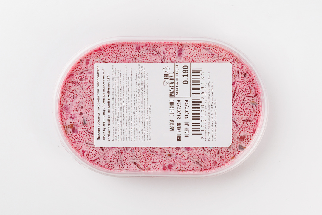 

Сельдь тихоокеанская кусочки ВкусВилл с икрой со свеклой в майонезе 180 г