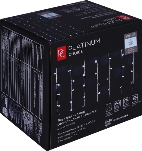 

Гирлянда электрическая Platinum choice Занавес 400 LED 2.5 х 3 м 344 LED+54 LED холодный мерцающий белый, IP44, Арт. 19-231225 холодный белый
