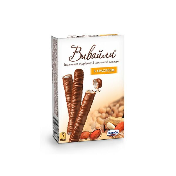 Вафельные трубочки Вивайли вкус арахиса в молочной глазури вес 95г Витьба Республика Беларусь