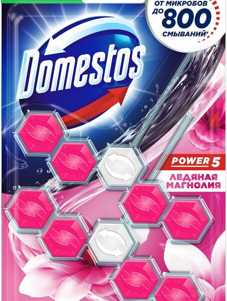 Блок туалетный Доместос Сила 5в1 Ледяная магнолия защита от микробов и налета 2*55г