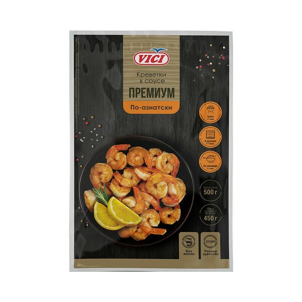 Креветки белоногие очищ с хвост без жилки зам в соусе ПРЕМИУМ По-азиатски в/у 500г ТМ VICI