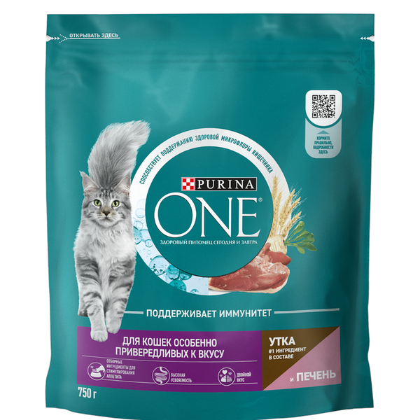 Сухой корм Purina ONE® полнорационный для кошек особенно привередливых к вкусу с высоким содержанием утки и c печенью, 750 г
