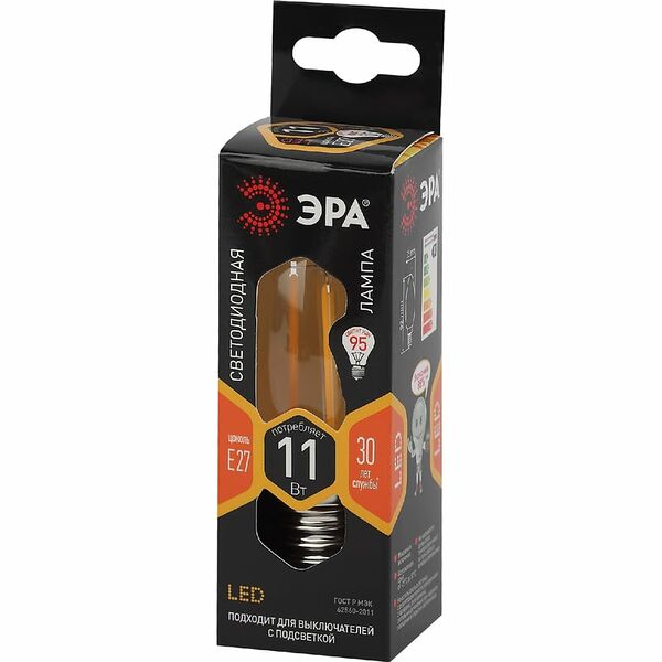 Лампа светодиодная ЭРА F-LED B35-11W-827-E27, 11Вт, филамент, свеча, теплый белый свет, E27 Арт. Б0046986