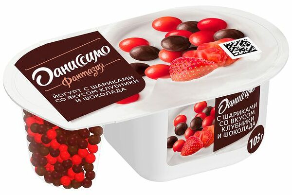 Йогурт Даниссимо Фантазия клубника и молочный шоколад с хрустящими шариками в глазури 6.9% 105 г
