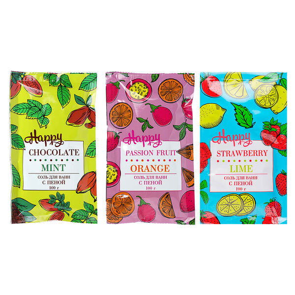 Соль для ванн с пеной happy, 3 вида, 100 г