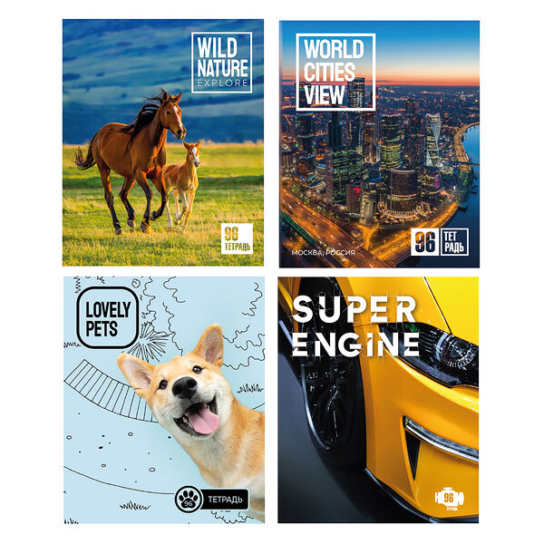 Clipstudio тетрадь общая, 96 листов, в клетку, белые листы, обложка - картон, скрепка, 4 дизайна, в ассортименте