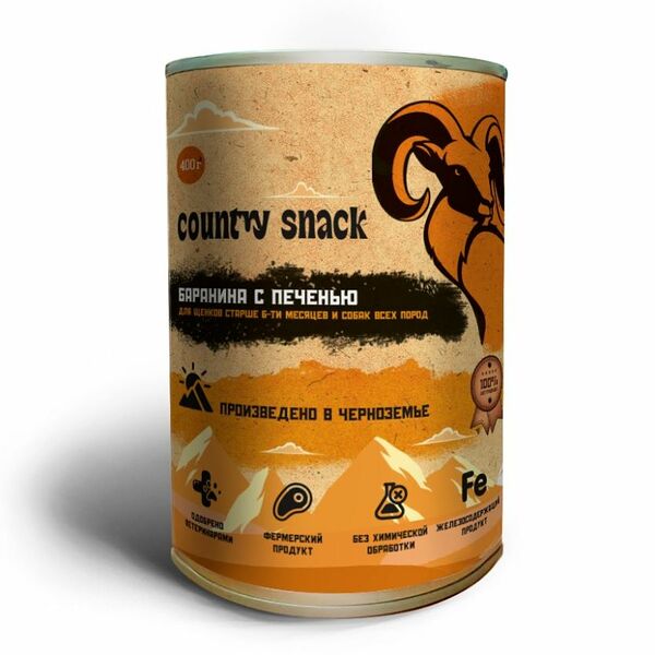 Country snack консервы для щенков и собак всех пород Баранина и печень