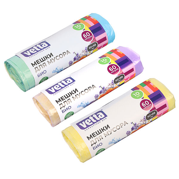 Vetta мешки для мусора био 60л,10 шт с завязками,стандарт,3 аромата в ассортименте (цитрус,морской бриз,цветы)