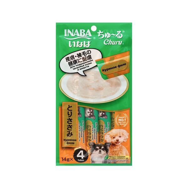Лакомство для собак INABA Churu пюре куриное филе для поддержания здоровья кожи и шерсти, 4х14 г