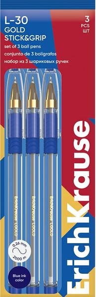 Набор ручек ErichKrause L-30 Gold Stick&Grip Classic Super Glide Technology шариковые синие 0.7 3шт