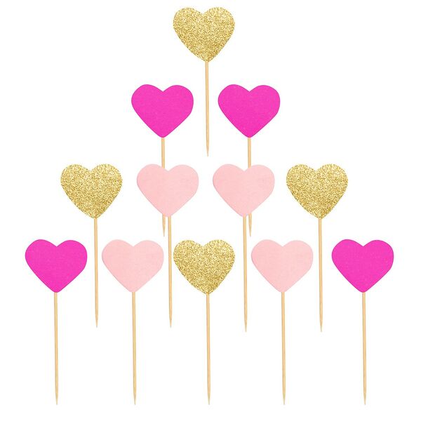 Набор шпажек для канапе Веселая вечеринка Сердечки розовый/золотой, 12 шт