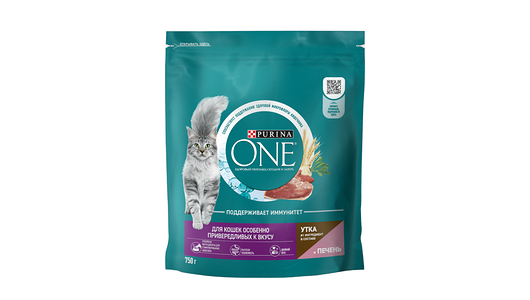 Сухой корм Purina ONE® полнорационный для кошек особенно привередливых к вкусу с высоким содержанием утки и c печенью, 750 г