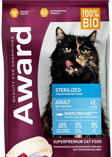 Сухой корм для кошек Award Sterilized для стерилизованных с белой рыбой с добавлением семян льна клюквы и цикория 400г