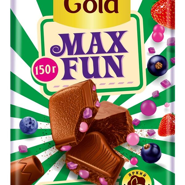 Шоколад молочный Alpen Gold Max Fun Клубника, малина, черника, чёрная смородина, взрывная карамель, шипучие шарики, 150г