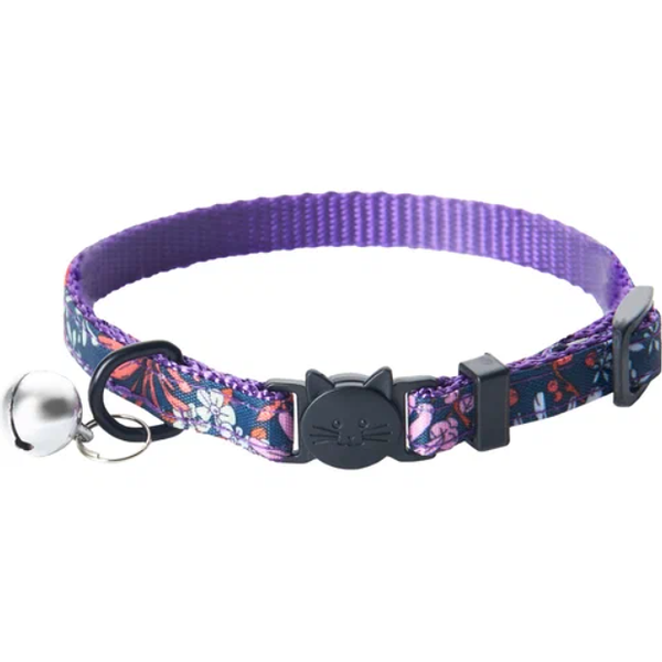 Ошейник для кошек ZOO ONE  Цветы  с безопасной пряжкой, бубенчиком фиолетовый 10мм 18х28см