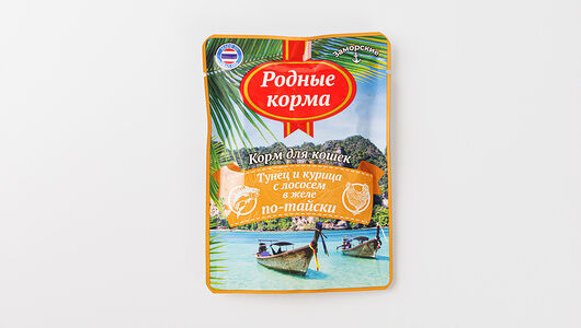 Влажный корм для кошек Родные корма Заморские Тунец и курица с лососем в желе по-тайски