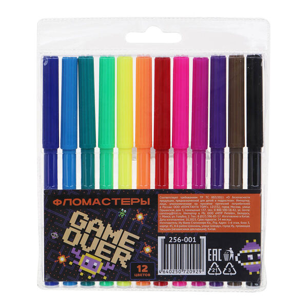 Гейм овер фломастеры 12 цветов, с цвет. вентилир. колпачком, большие, смываемые, пл., пвх пенал