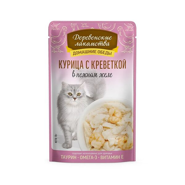 Деревенские лакомства пауч для кошек (кусочки в нежном желе) Курица и креветки