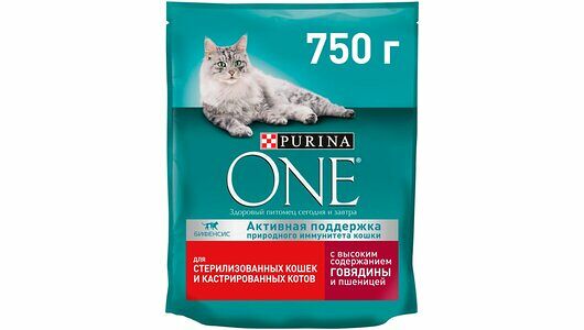 Сухой корм Purina ONE Sterilised для взрослых стерилизованных кошек и кастрированных котов, с говядиной и пшеницей, 750г