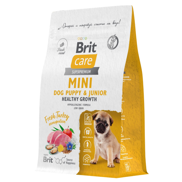 

Корм сухой для щенков беременных и кормящих собак Brit Care Puppy&Junior Mini Здоровый рост и развитие, с индейкой 400 г