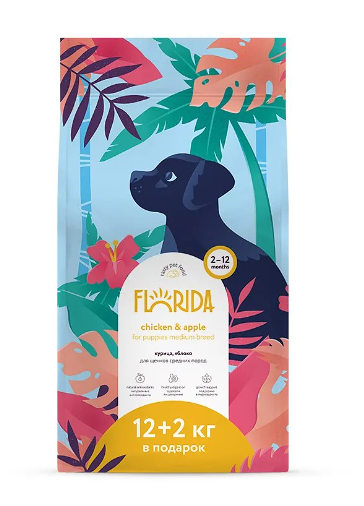 Florida сухой корм для щенков крупных пород Курица и яблоко, 12+2кг