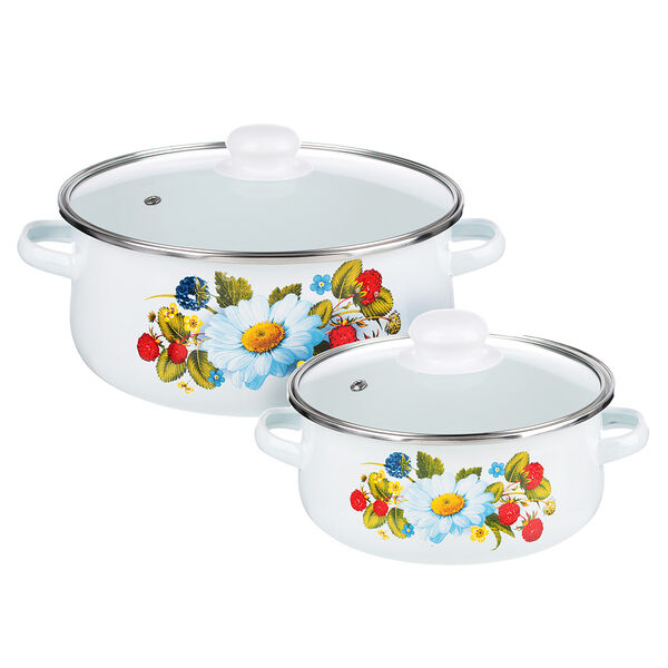 Набор эмалированных кастрюль со стекл. крышками, 4пр. (18/24см, 1,5/4л) 