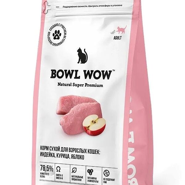 Сухой корм Bowl Wow для взрослых кошек с индейкой и яблоком
