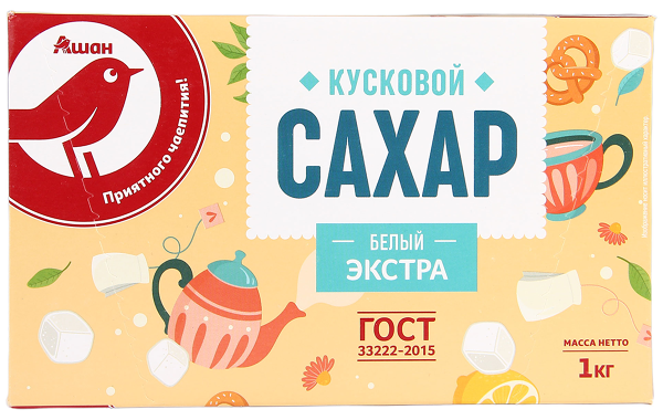 Сахар АШАН Красная птица Экстра кусковой белый, 1 кг