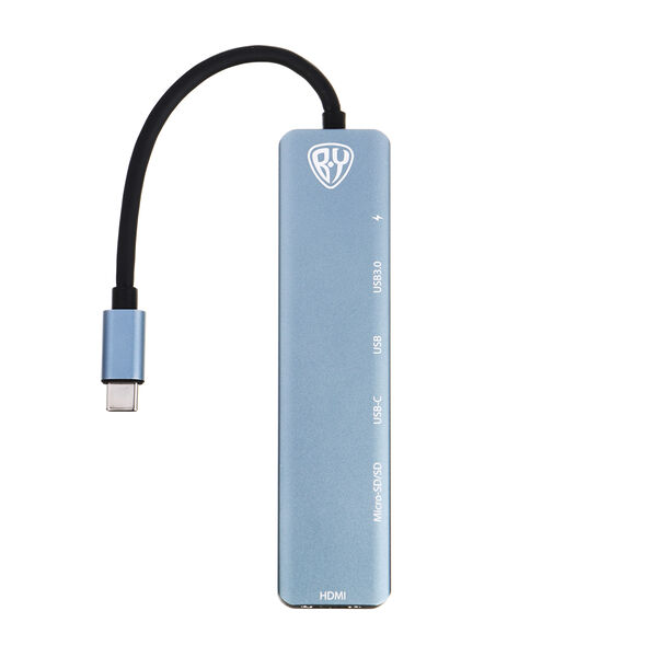 By usb-концентратор 7 в 1, usb-c input 65 w, hdmi 4k, usb-a 3.0, usb-a 2.0, usb-c, micro-sd, sd
