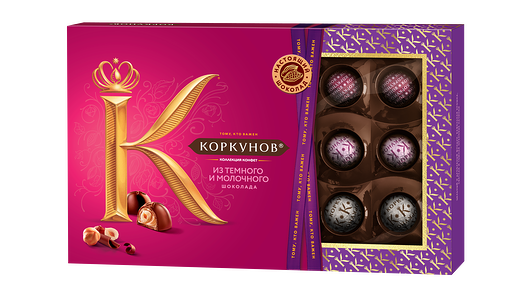 Коркунов шоколадные конфеты из темного и молочного шоколада с фундуком, вафельной крошкой и ореховой начинкой, 165г
