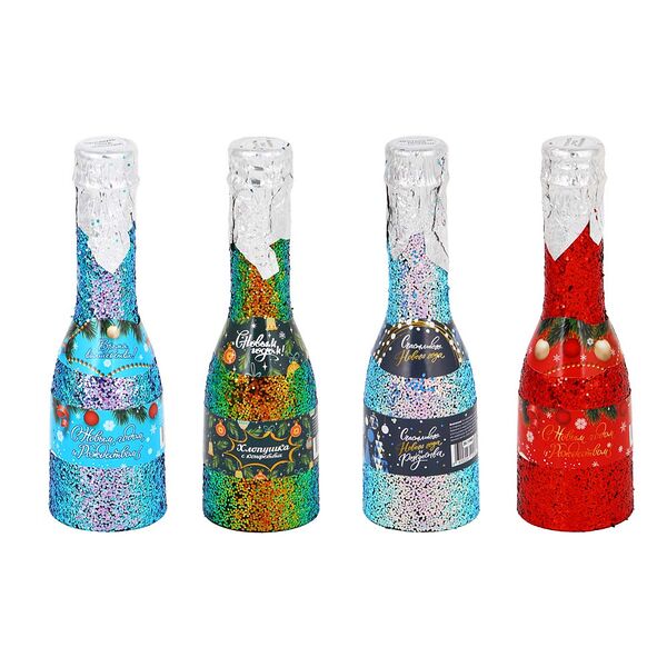 Сноу бум хлопушка пружинная, в форме бутылки шампанского, с глиттерным слоем, 16 см,бумага,4 дизайна, в ассортименте
