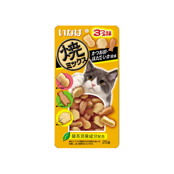 Лакомство для кошек INABA Yaki Miksu со вкусом кацуобуси, морского гребешка и кальмара, 25 г