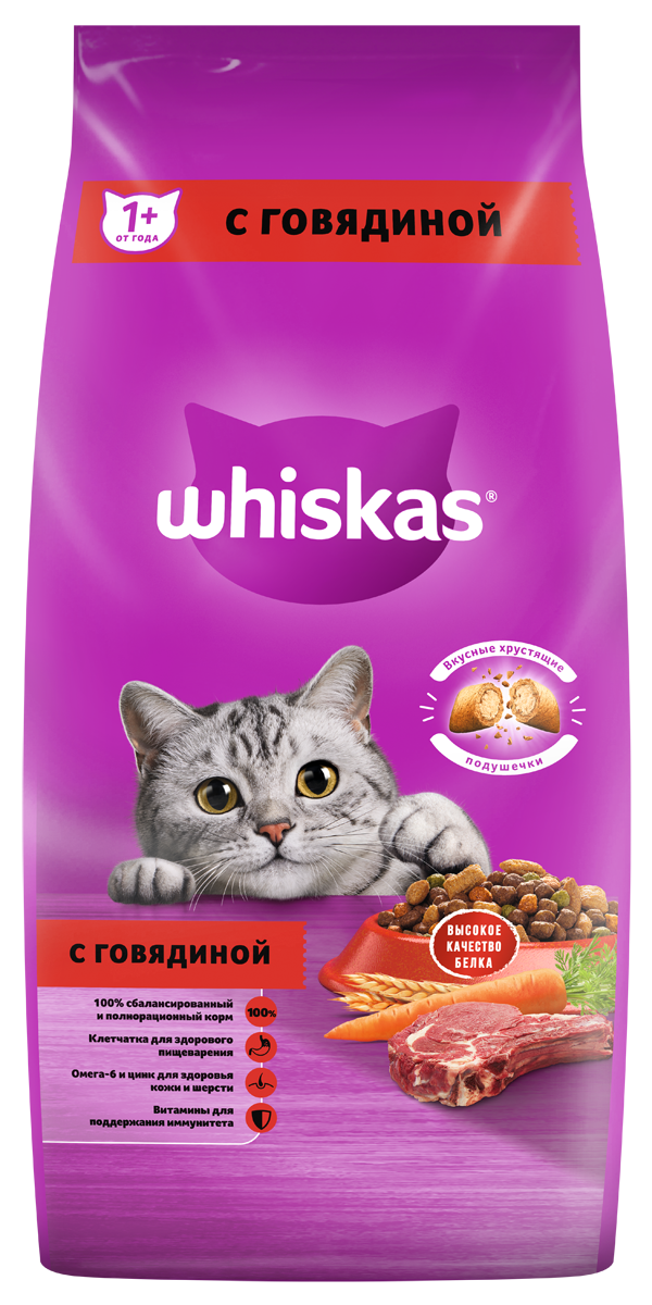 

Сухой корм для кошек Whiskas Вкусные подушечки с нежным паштетом Говядина 5 кг