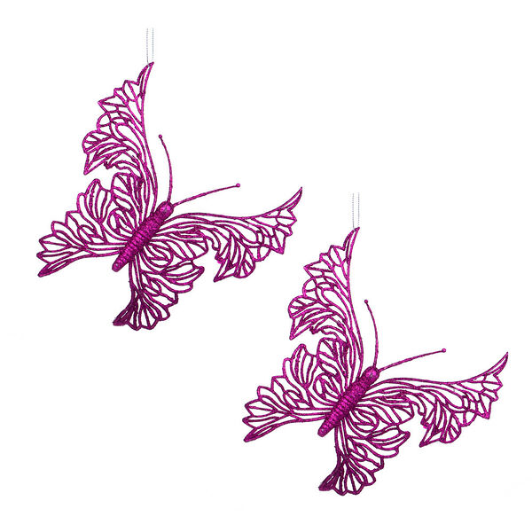 Сноу бум набор подвесок декоративных, 2 шт. в виде бабочек, глиттер, фуксия, пластик, 18*16,5см