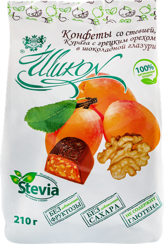

Конфеты Шикон Курага с грецким орехом в шоколадной глазури со стевией 210 г