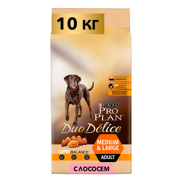 Сухой корм PRO PLAN Duo Delice для взрослых собак средних и крупных пород, с высоким содержанием лосося, пакет, 10кг