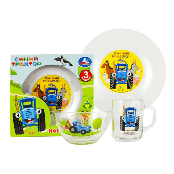 Набор посуды Умка Синий Трактор стеклянный кружка, тарелка, салатник