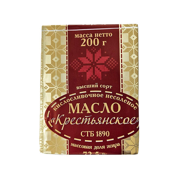 Масло Крестьянское кислосливочное несоленое 72,5% 200г фольга Снов